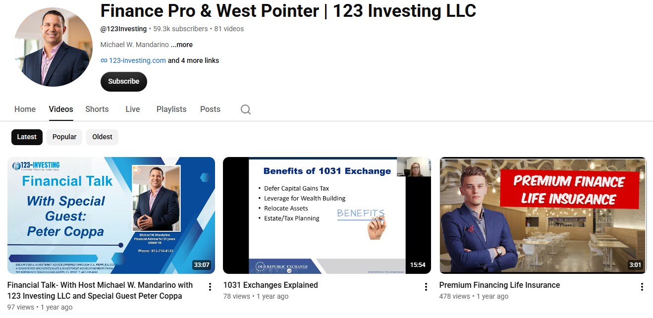 Finance Pro & West Pointer | 123 Investing LLC YouTube channel screenshot